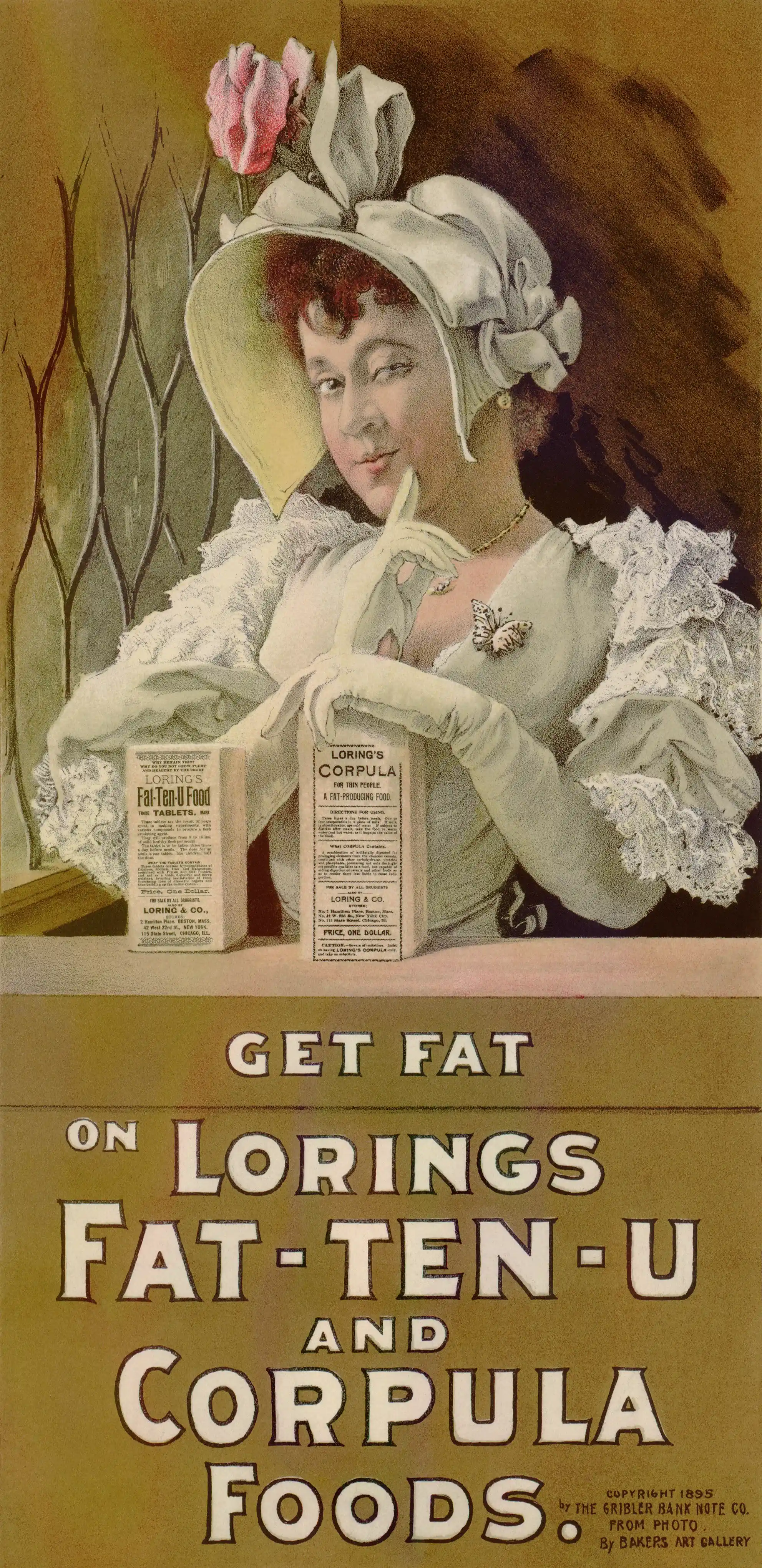 Advertisement showing young woman with package of Loring's Fat-Ten-U from 1895